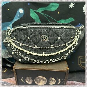 BADGLEY MISCHKA | Black Denim Belt Bag Silver Chain and Pearls Fanny Pack NWT